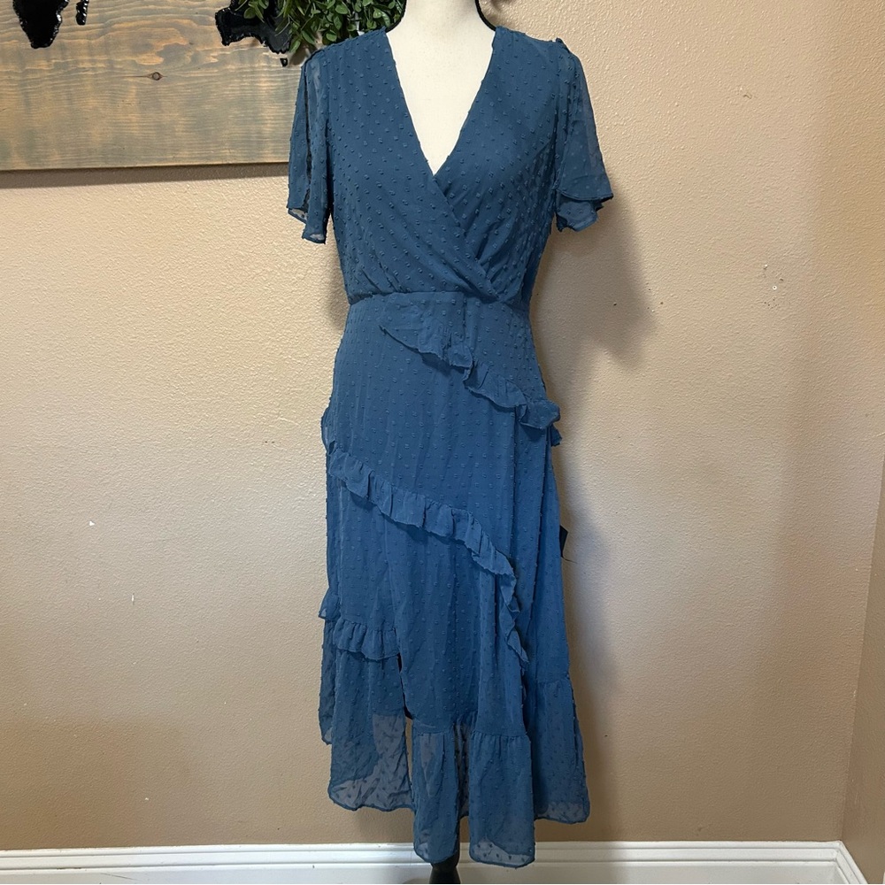 NWT Next to You Slate Blue Swiss Dot Ruffled Midi Dress - Picture 2 of 9